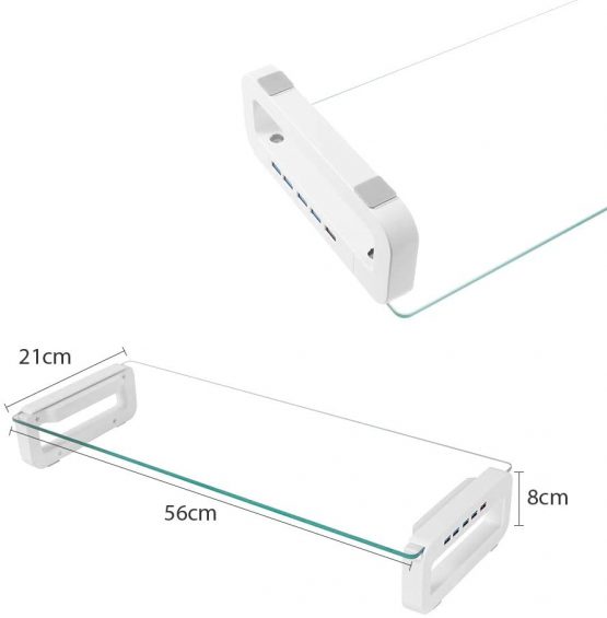 Monitor Stand Riser, 4-Port USB 3.0 Hub Tempered Glass Monitor Stand Quick Charge 5Gbps High-speed Data Transfer Desk Organizer Laptop Stand Keyboard Tray with USB Cable for PC Laptop MacBook (White) - Image 4