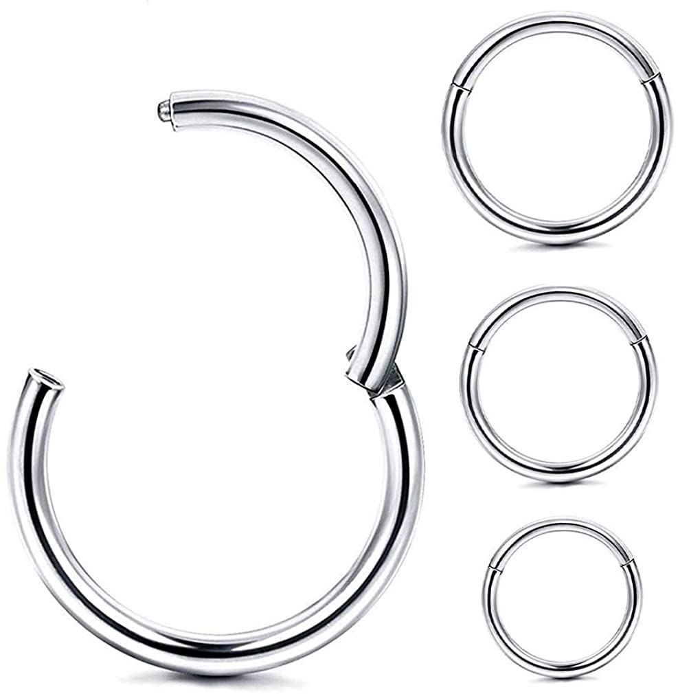 WHATOOK Silver Hinged Hoop Earrings Surgical Seamless Stainless Steel Earring for Cartilage Piercings,6mm 8mm 10mm 12mm 4 Pcs Anti-tragus Helix Hoop Unisex Body Belly Button Piercing Kit