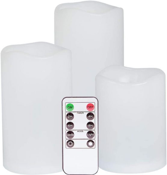 Eldnacele Flameless Flickering Waterproof Candles All Weather Battery Operated LED Candles with Remote Control and Timer Heat Reistant Candles for Outdoor & Indoor Decoration Set of 3