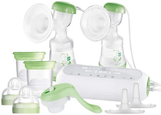MAM Double Electric Breast Pump, Multi-Setting Electric Breast Pump for On the Go, Double Breast Pump Equipped with Anti-Colic Bottle and Milk Containers