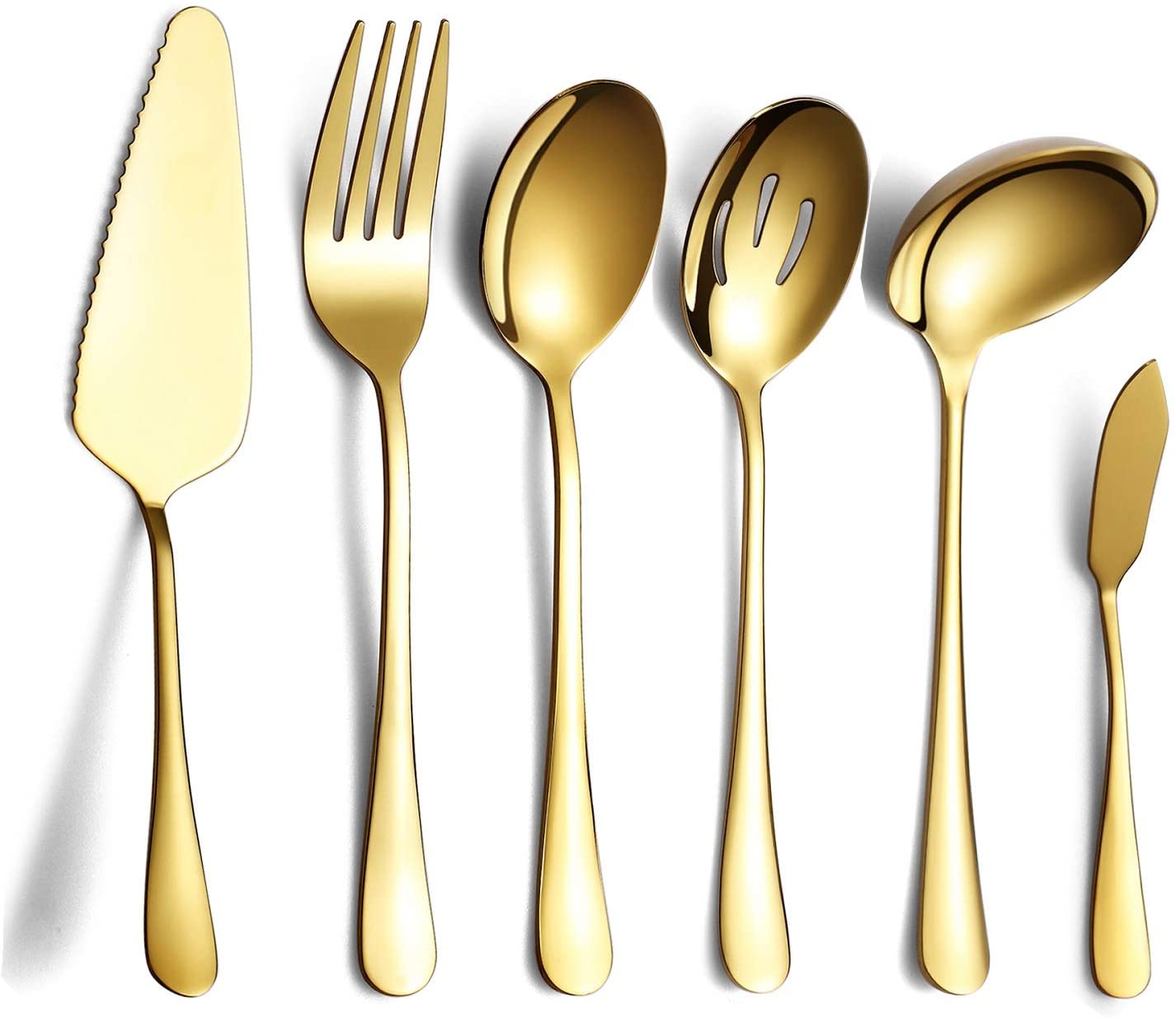 HOMQUEN 6-Piece Gold Serving Cutlery Silverware Set,Stainless Steel Serving Utensil Set,Include Cake Server