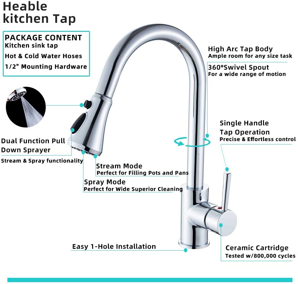 Heable Kitchen Sink Mixer Tap with Pull Down Sprayer Chrome, Single Handle High Arc Pull Out 