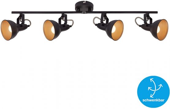 Briloner Leuchten - Ceiling Light, 4-Bulb Spotlight, Rotatable and Pivotable Spinner, Retro/Vintage, 4 x E14, 40 Watt, Metal, Black-Gold, 790x190mm (LxH),2049-045
