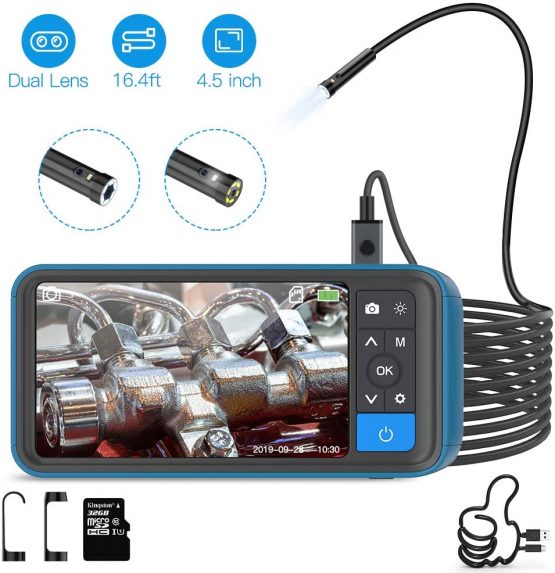 Teslong 1080P HD Dual Lens Endoscope, Inspection Camera with 6 LED Lights, Industrial Borescope with 4.5 Inch Screen, Waterproof endoscope Camera, Semi-Rigid Snake Camera, 32 GB TF Card (16.4 ft)