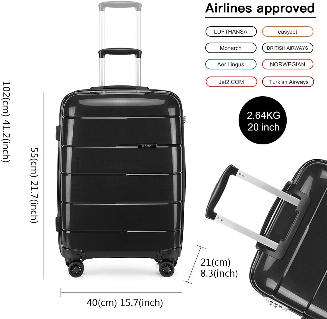Kono Lightweight Polypropylene Suitcase Hard Shell Luggage Sets Built in TSA Lock 55cm/65cm/74cm (Set of 3, Black) - Image 2