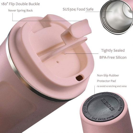 SUNTQ Reusable Coffee Cups Travel - Coffee Travel Mug with Leakproof Lid - Thermal Mug Insulated Cup - Stainless Steel Coffee Travel Cup - for Hot and Cold Drinks, 13oz/380ml, Pink - Image 2