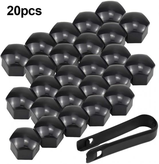Fodlon Wheel Nut Caps, 17mm Universal Tyre Nut Covers 20 Pieces Bolt Covers Black Tire Screw Cover Cap Car Tire Screw Cap Protection with Removal Tool Locking Caps Set for Cars Vehicle