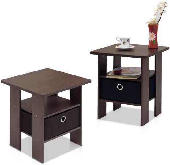 Furinno Andrey End Table, Side Table, Nightstand with Bin Drawer, Dark Brown/Black, 2-Pack - Image 3