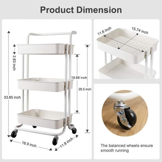 Storage Trolley Cart - 3 Tier Rolling Utility Organizer Rack, Craft Art Cart, Multi-Purpose Organizer Shelf, Tower Rack Serving Trolley for Office Bathroom Kitchen Kids’ Room Laundry Room, White - Image 4