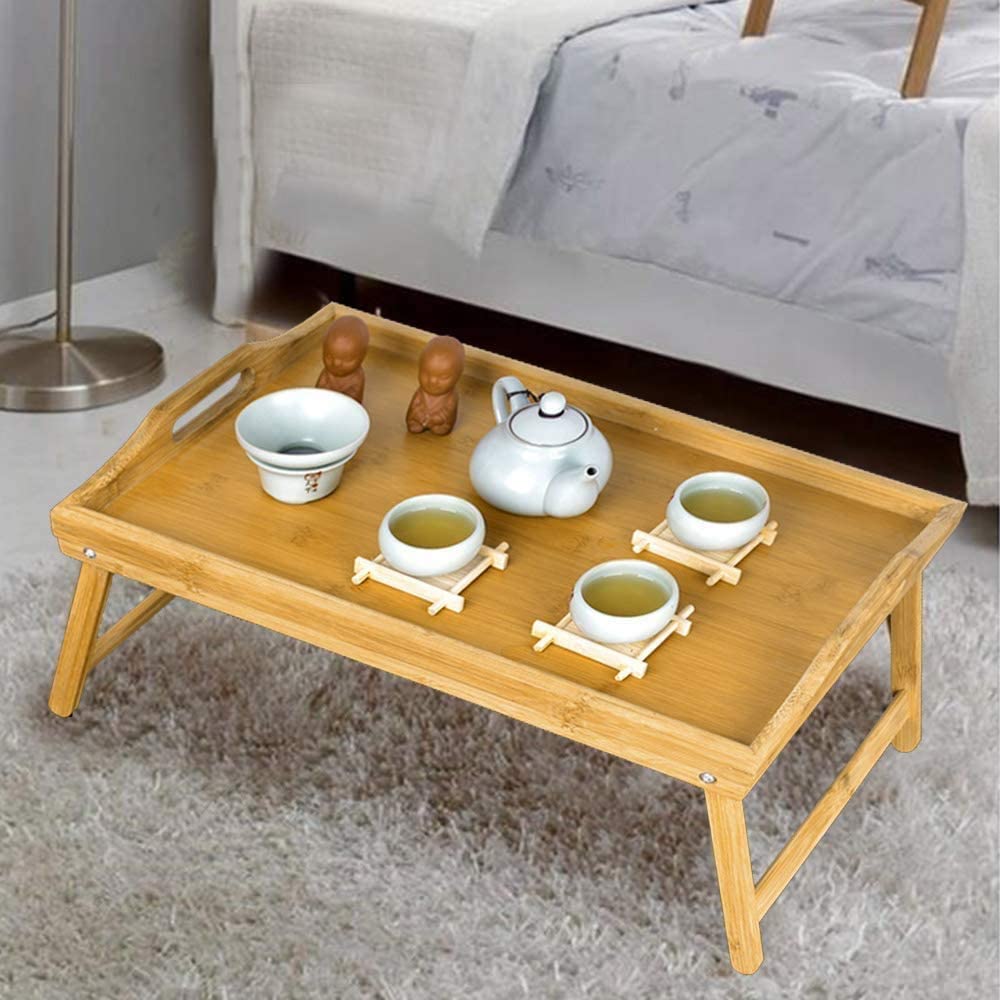 Mantraraj Wooden Bamboo Food Serving TV Tray With Handles Portble And Folding Legs Dinner Breakfast Lap Table Mat For Sofa And Bed - Image 2