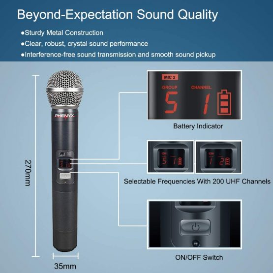Wireless Microphone System, Phenyx Pro Dual Channel Cordless Mic Set With 2 Handhelds, 2x200 Channels, Auto Scan, Lock Function, 328ft Coverage, Ideal for DJ, Church, Events(PTU-71A) - Image 3