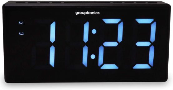 Grouptronics Large Digital Alarm Clock Radio - Mains Powered, 9" Large Display Clock, Bedside or Kitchen, Non Ticking, Dual Alarm, Brightness Control, Battery Back-Up - Black - Image 2