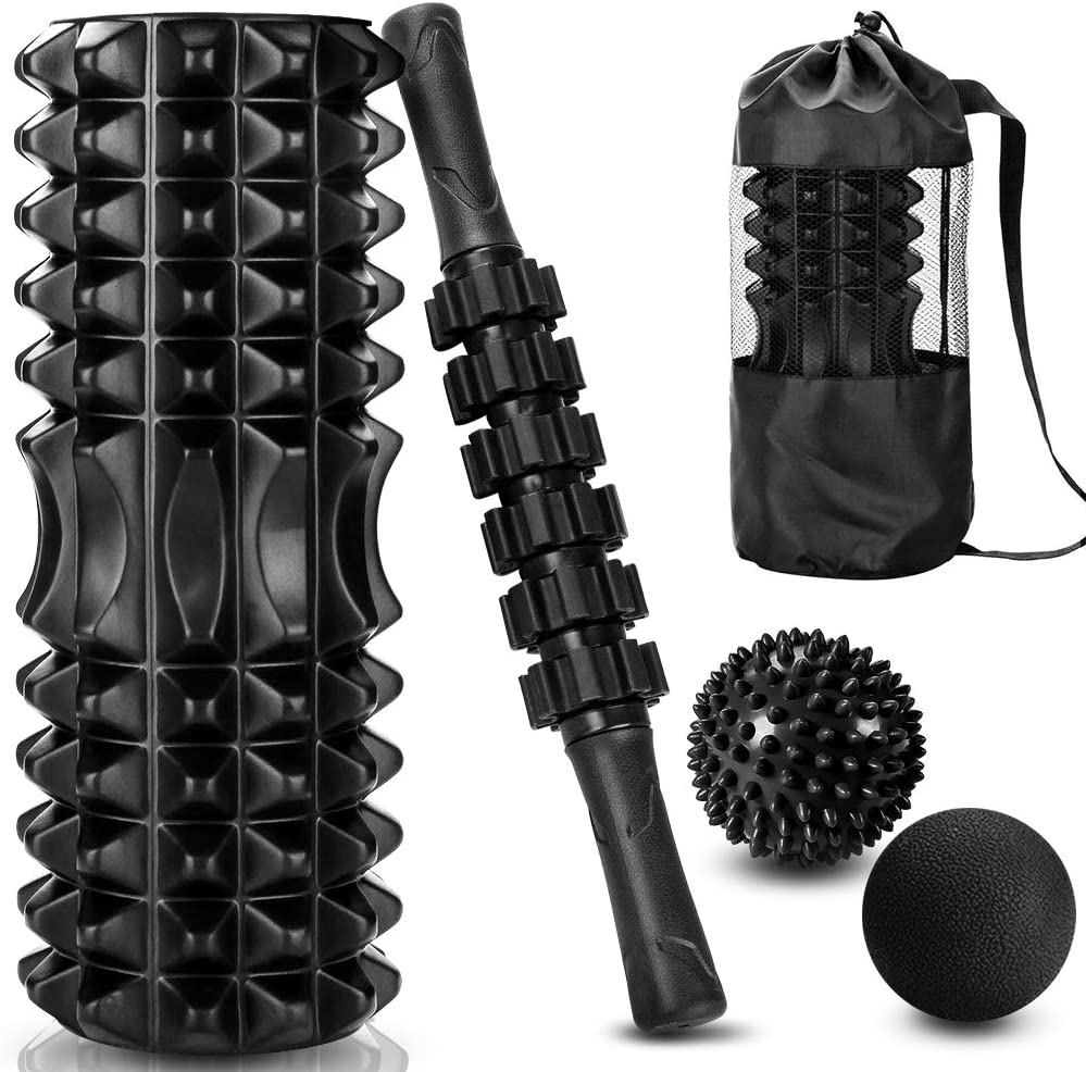 SACONELL 4 in 1 Black Foam Roller & Massage Stick Set Deep Tissue Foam Roller Kit with 2 Massage Balls and A Massage Roller Stick for Fitness Yoga