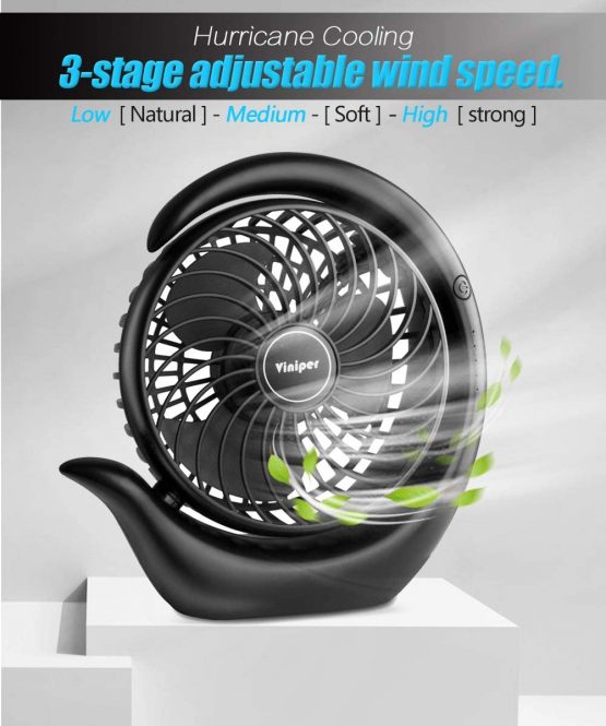 viniper Battery Operated Fan, Small Desk Fan : 3 Speeds & 8-24 Hours Longer Working, 180° Rotation, Optimised Portable USB Rechargeable Fan , Small but Mighty, Strong Wind (6.2 inch, Black) - Image 4