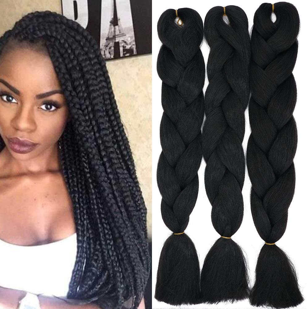 24" Braiding Hair Extension Jumbo Braids Synthetic 3bundles/pack Crochet Hair Afro Box Braid Heat Resistent (Black)