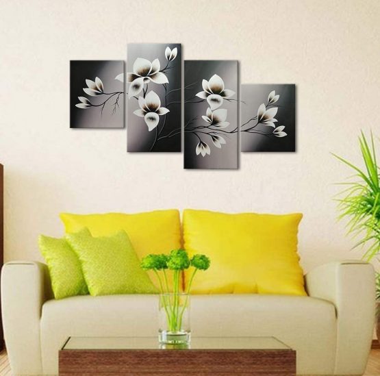 Wieco Art - Elegant Blooming Flowers 4 panels Modern 100% Hand Painted Floral Oil Paintings Artwork on Canvas Wall Art Set Ready to Hang for Living Room Bedroom Decor - Image 4