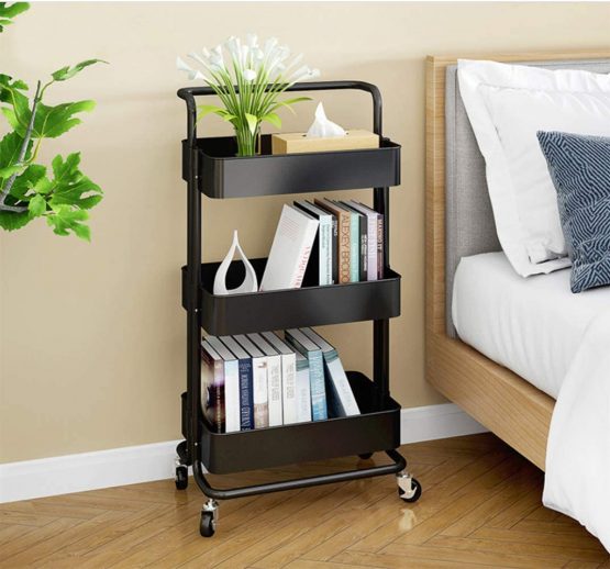 Storage Trolley Cart,3-Tier Storage Cart,Multi-Purpose Trolley Organizer Cart with Casters,Rolling Cart Metal Utility Cart,Organizer Trolley on wheels for Bathroom,kitchen, Bedroom Storage (Black) - Image 4