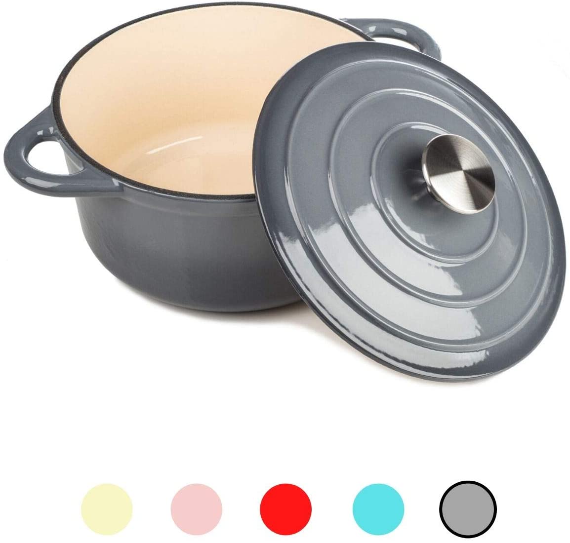 Round Casserole Dish, Cast Iron Ceramic Induction and Gas Safe Non Stick Dutch Oven Roasting Cooker, with Lid