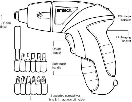 Amtech V2565 3.6V NiMh Cordless Screwdriver Kit, 3.6 V, Multi-Colour - Image 4