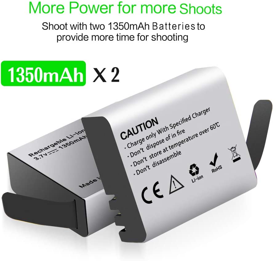 1350mAh Action Camera Battery, Rechargeable Batteries (2Pack) with USB