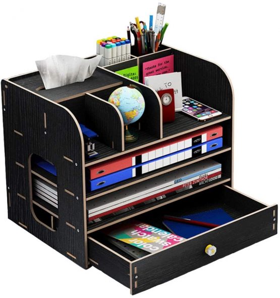 Desk Organiser, Large Desktop Organizer Wooden with Drawer Pen Pencil
