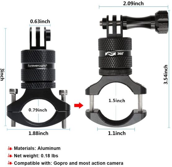 Forevercam Bicycle Mount Action Camera Handlebar, Aluminium Alloy Mountain Bike Holder 360 Degree Rotation Rack Cradle Compatible GoPro Models/Action Cameras - Image 3