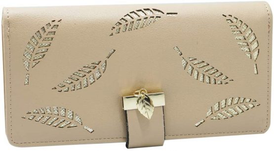 Molylove Women's Leather Wallet Purse Hollow Leaf Pattern Zipper Handbag Button Clutch Bag (Apricot) - Image 2