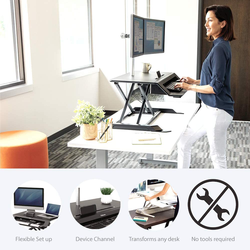 Fellowes Lotus LT Height Adjustable Standing Desk Converter - Sit Stand Desk with Gas Spring Technology - Max Weight 17KG - Black - Image 4