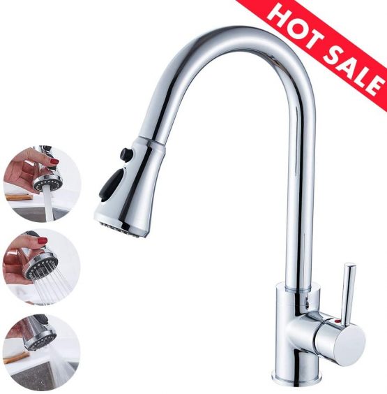 Heable Kitchen Sink Mixer Tap with Pull Down Sprayer Chrome, Single Handle High Arc Pull Out Kitchen Taps, Single Level Solid Brass Kitchen Faucet with UK Standard Fittings(3-Function)