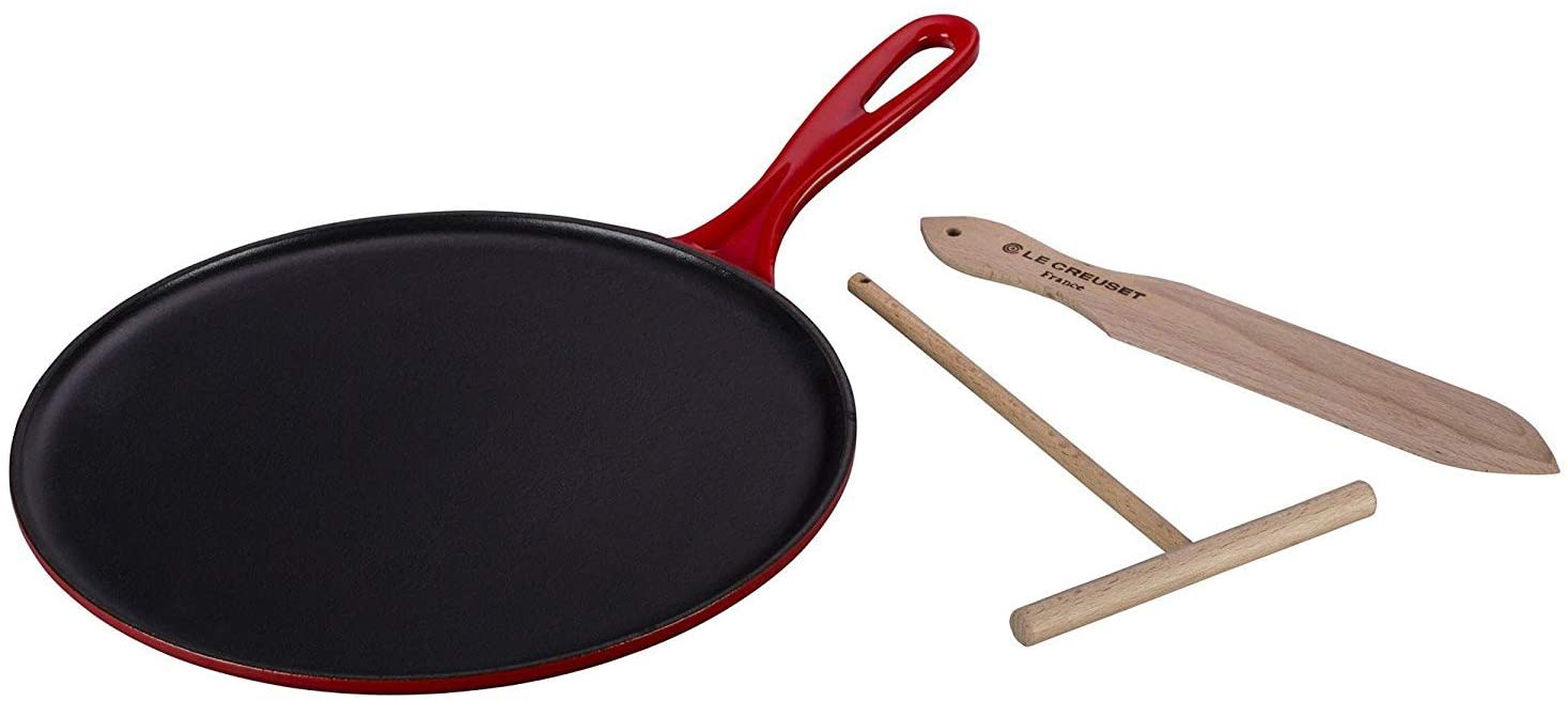 LE CREUSET Enamelled Cast Iron Crepe Pan, with Long Lasting Enamel Coating and Ergonomic Handle, 27cm, Cerise, 20136270600460