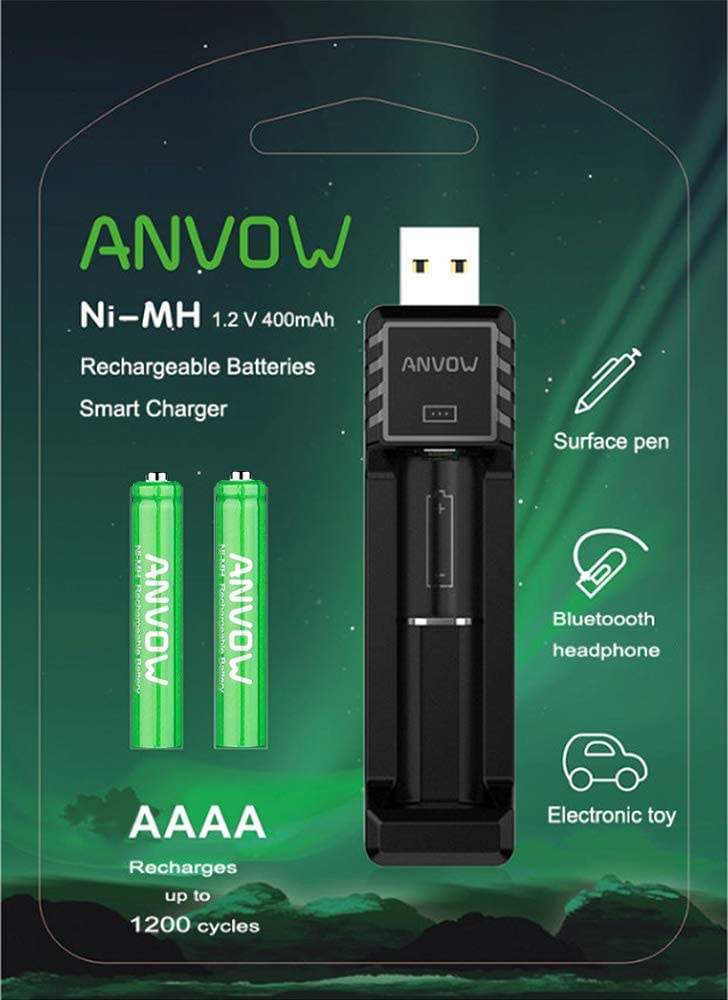 ANVOW Rechargeable AAAA Batteries for Surface Pen Active Stylus Ni-MH 1.2V 400mAh and CP-C-001 Smart Charger Included