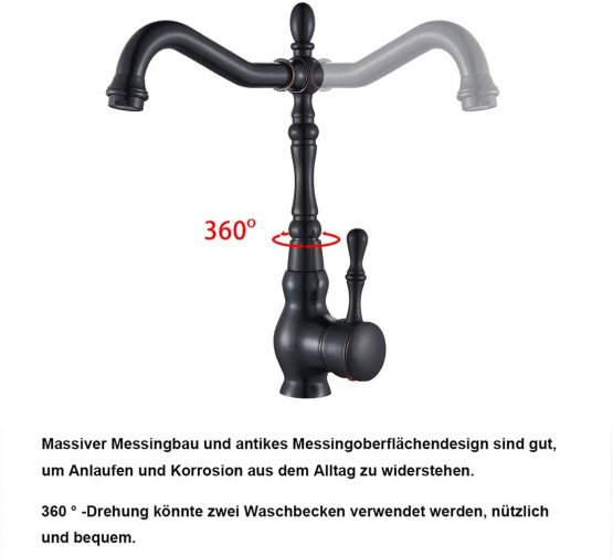 Sugu Black Antique Brass Single Hole Installation Single Lever Mixer Tap Bathroom Tap Washbasin Tap with 360° Swivel Spout Bathroom Mixer Tap - Image 2