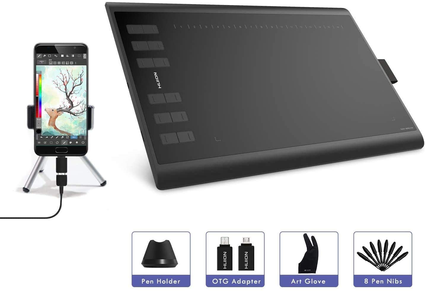 Huion Inspiroy H1060P Drawing Tablet 10×6.25 inch Upgrade Version of NEW 1060 PLUS Graphics Tablet with Battery-free Pen 12 Hard Plus 16 Soft Express Keys Supports Windows Mac Android