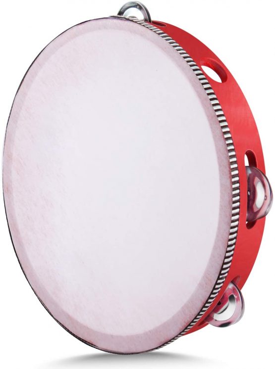 Flexzion Wood Handheld Tambourine 10" Inch Single Row 8 Pair Jingles (Wood) - Hand Held Percussion Drum Moon Musical Tambourine with Ergonomic Handle Grip for Adults Classroom Gift KTV Party