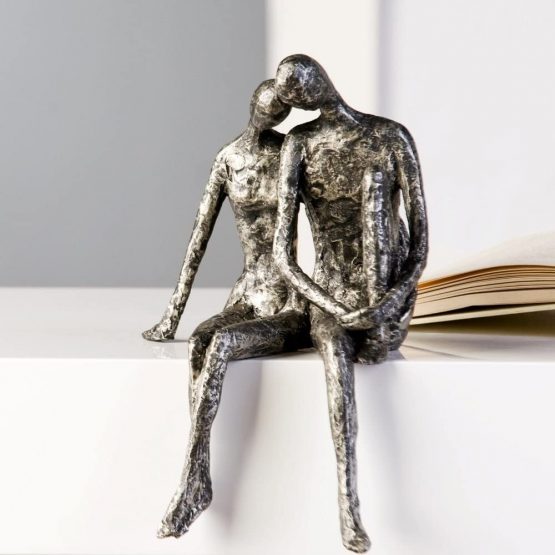 Designer Figure Sculpture of Couple Sitting on Edge H 25 x W 18 in Antique-Look Silver