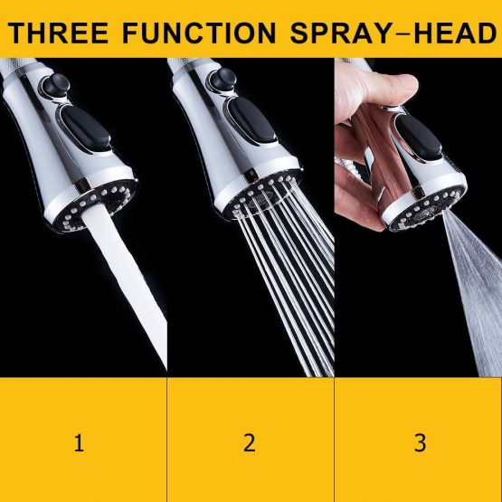 Heable Kitchen Sink Mixer Tap with Pull Down Sprayer Chrome, Single Handle High Arc Pull Out Kitchen Taps, Single Level Solid Brass Kitchen Faucet with UK Standard Fittings(3-Function) - Image 2