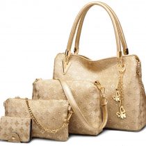 FiveloveTwo Women PU Ladies Handbag Purse Tote Satchel Shoulder Bag Tassel Print 4pcs Set Top Handle Bag Clutch Card Holder Gold