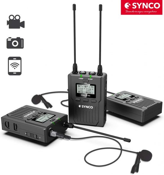 Wireless Dual Lavalier Microphone System, Audio Lapel Mic Transmitter Receiver Kit UHF 96 Channel 120m for DSLR Camera XLR Camcorder Canon Nikon Sony Panasonic, Synco WMic T2 [Official]