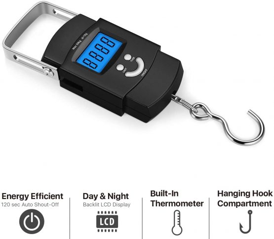 Flexzion Travel Hanging Digital Fishing Scale, Portable Luggage Scale Electronic Backlight LCD Display 110lb/50kg Fish Hook Balance Smart Weight Thermometer for Suitcase, Tackle Box, Batteries Include - Image 2