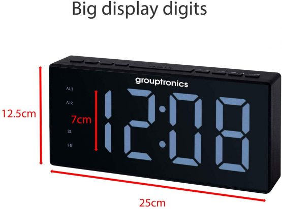 Grouptronics Large Digital Alarm Clock Radio - Mains Powered, 9" Large Display Clock, Bedside or Kitchen, Non Ticking, Dual Alarm, Brightness Control, Battery Back-Up - Black - Image 3