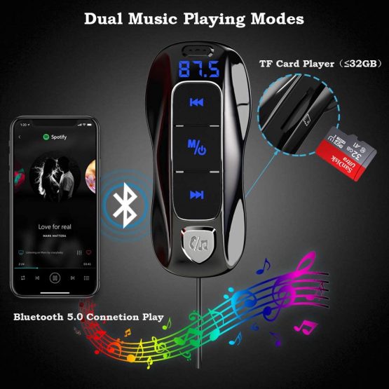 SONRU Bluetooth 5.0 FM Transmitter, Bluetooth Adapter Car Radio Audio Transmitter Handsfree Car Kit with QC3.0 USB Port,A2DP Crystal Sound, 1.1M Cable, Battery Voltage Display, TF Card Play - Image 4
