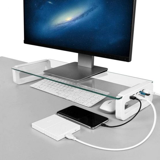 Monitor Stand Riser, 4-Port USB 3.0 Hub Tempered Glass Monitor Stand Quick Charge 5Gbps High-speed Data Transfer Desk Organizer Laptop Stand Keyboard Tray with USB Cable for PC Laptop MacBook (White)