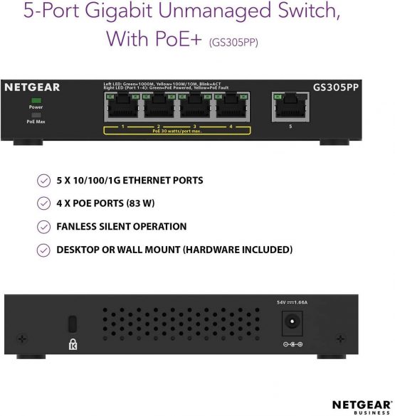 NETGEAR PoE Switch 5 Port Gigabit Ethernet Unmanaged Network Switch (GS305PP) - with 4 x PoE+ @ 83W, Desktop or Wall Mount - Image 2