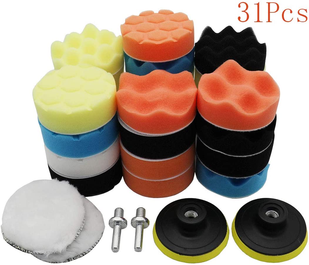 Raogoodcx 31Pcs Car Care Waxing Buffing Polishing Pads Sponge Kit Woolen Polishing Waxing Buffing Pads Kit with 2Pcs M10 Drill Adapter and 27Pcs Polishing Pads