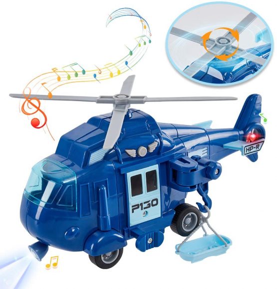 HERSITY Rescue Helicopter Toy Blue Police Plane with Light and Sound Push and Go Airplane Gifts for Kids Toddlers 3 4 5 Years Old