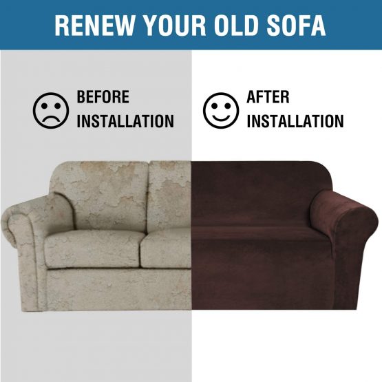 BellaHills Real Velvet Stretch Sofa Covers Couch Covers Sofa Slipcovers Furniture Protector for Sofas | Form Fitted with Elastic Bottom, Ultra Thick Soft Non Slip Covers (1 Seater, Brown) - Image 4