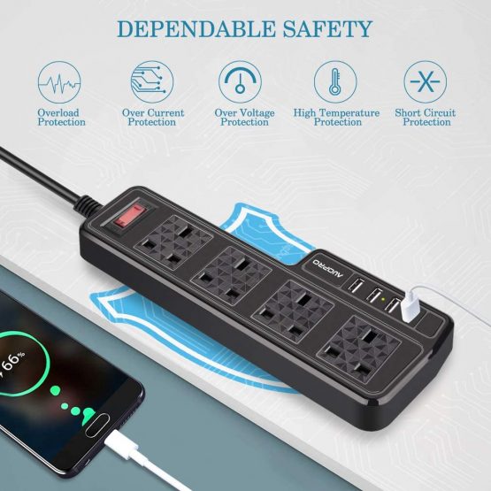 4 Way Extension Lead 5M, AUOPRO Multi Gang Power Strip with 4 USB Sockets/3.1A, Black Mains Plug Extension, Switched, Wall Mounted, 2 Replaceble Fuses, Long Cable for Home Office - 2500W/10A - Image 3