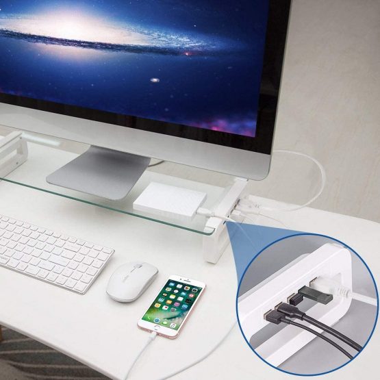 Monitor Stand Riser, 4-Port USB 3.0 Hub Tempered Glass Monitor Stand Quick Charge 5Gbps High-speed Data Transfer Desk Organizer Laptop Stand Keyboard Tray with USB Cable for PC Laptop MacBook (White) - Image 2