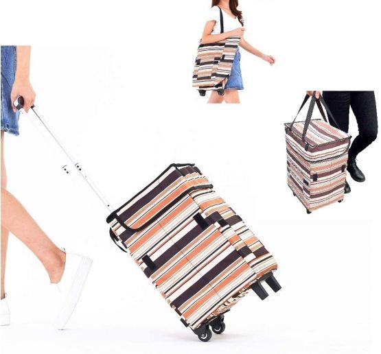 Collapsible Reusable Trolley Shopping Bag - Fineget Waterproof Foldable Utility Cart with Telescoping Handle and Wheels for Women Travelling Vacations Camping Beach Play Picnic Laundry Luggage School