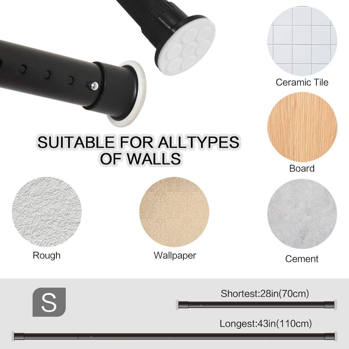 Tension Rod Shower Rail Curtain Poles, Shower Curtain Rail Heavy Duty Room Divider Curtain Rod - Image 2